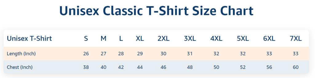 Unisex T Shirt Classic Size Chart